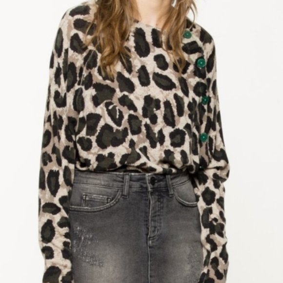 ZADIG & VOLTAIRE Justy Leopard-print Button-detail Cashmere Sweater In Blue - Picture 1 of 4